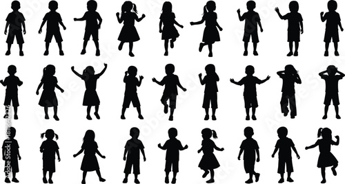 Black children silhouettes set showing playful poses, standing and dancing figures, isolated vector illustration for design, education, and creative projects