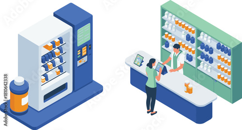 Isometric pharmacy illustration with medicine vending machine, pharmacist assisting customer, drug shelves, digital tablet service, modern healthcare retail store concept