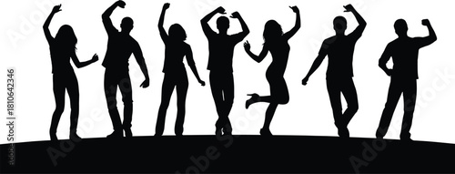 Energetic group of dancing people silhouette celebrating together, expressive party crowd movement illustration, joyful dancers in dynamic pose vector