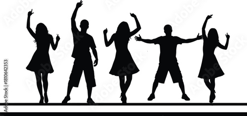 Silhouette group of dancing people celebrating together on stage, energetic performance illustration with young men and women in dynamic poses