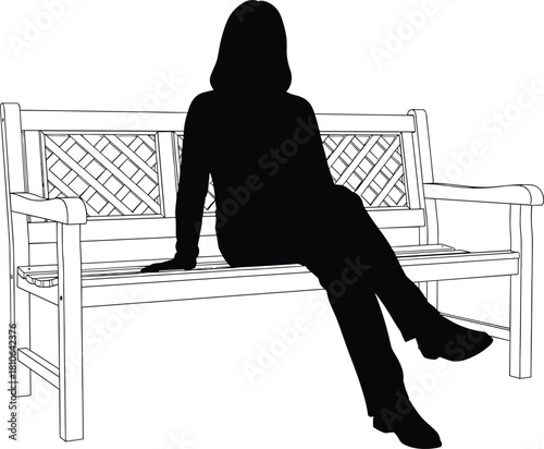 Silhouette woman sitting on wooden outdoor bench in relaxed pose with detailed lattice backrest line art illustration vector style