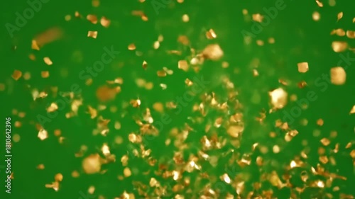 Green Screen beautiful golden confetti is falling nice and slow scene 3 with distortion, overlay, glitch, static noise, scan lines on black background, 4k animated video loop