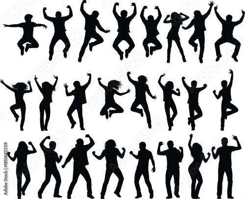 Dynamic collection of energetic jumping people silhouettes, expressing joy, celebration, active movement, dance poses, vibrant motion and creative vector design elements