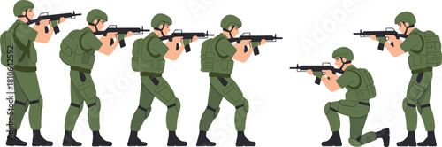 Military soldiers tactical movement illustration showing armed troops in combat positions, modern infantry poses, army training sequence, battlefield operation concept