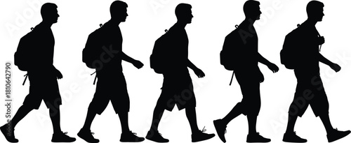 Silhouette group of walking men with backpacks in motion, travel journey concept, outdoor activity illustration for hiking lifestyle design