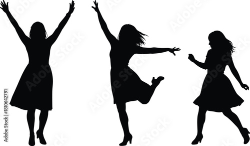 Energetic women dancing in joyful silhouette poses, expressive female figures celebrating movement and freedom in artistic black vector illustration design