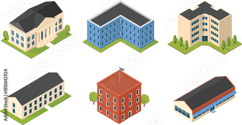 Set of six isometric 3D buildings including office, school, museum, government and commercial structures for architecture and city design