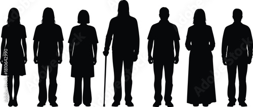Silhouette standing people of different ages and clothing styles representing diversity, community, individuality, posture, casual appearance and simple human figure illustration