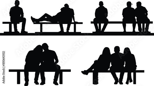Silhouette people sitting on benches in various poses representing relaxation, friendship, social interaction, leisure time, outdoor lifestyle and peaceful moments