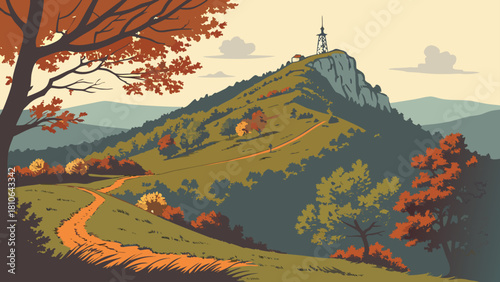 Scenic autumn landscape featuring a mountain peak with a tower and winding trails through colorful trees