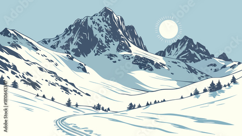 A winter landscape featuring snow covered mountains with a bright sun shining in the clear blue sky