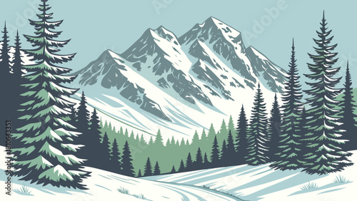 Illustration of snow covered mountains with pine trees in a winter landscape scene art style