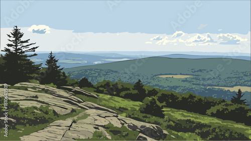 Illustration of a scenic mountain landscape with trees, rocks, and a cloudy sky in the background