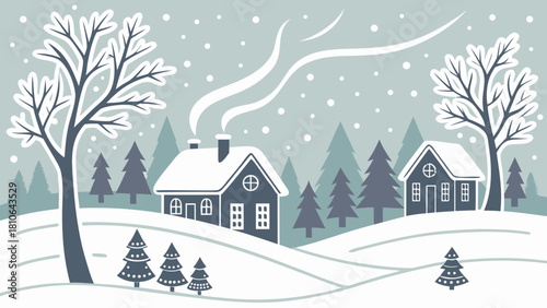 Winter scene with snow covered houses trees and falling snow creating a peaceful holiday atmosphere