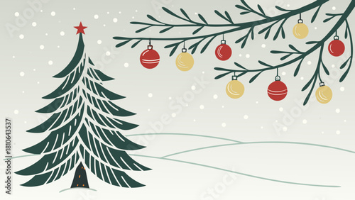 A christmas tree with a star and ornaments hanging from a branch in a snowy winter landscape scene