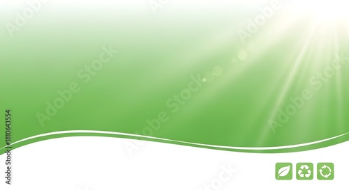 Fresh green gradient background with sun rays and eco icons