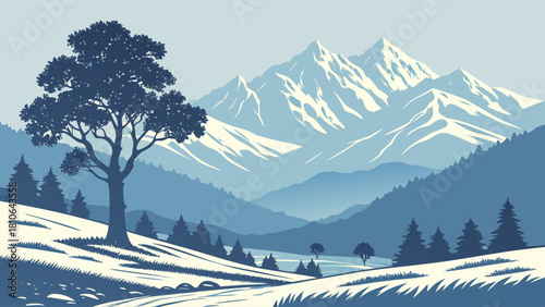 A scenic landscape featuring a prominent tree, snow covered ground, and majestic mountains in the background