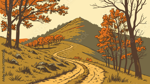 Illustration of a winding path leading up a hill with autumn trees and foliage in a scenic landscape