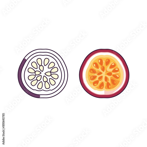 Two passion fruit halves in line and solid style isolated on