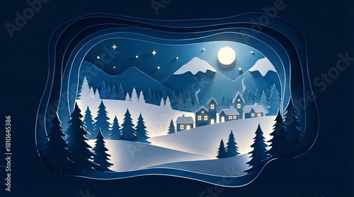 Paper Cut Winter Night Village Landscape with Full Moon and Snowy Mountains
