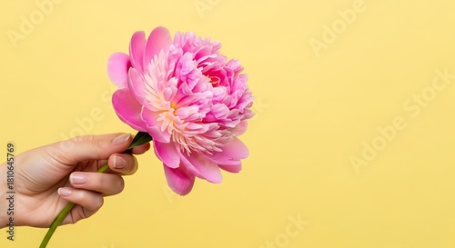 hand holding pink peony flower