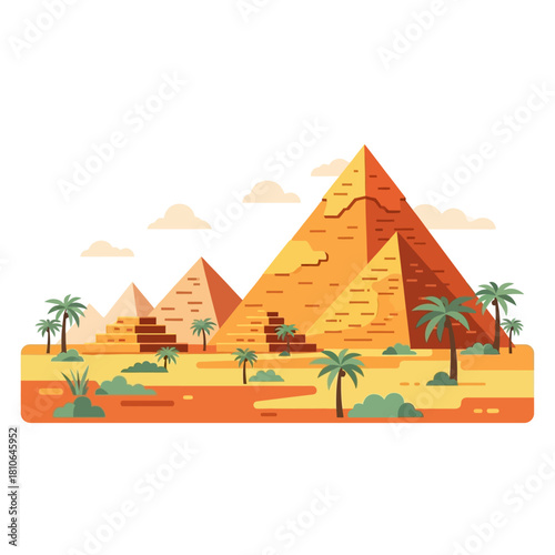Flat Vector Egyptian Pyramids in Desert - Ancient Egypt Landmark Illustration