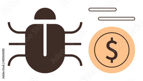 Black bug icon beside dollar coin, signifying financial loss from cybersecurity threats. Ideal for malware risk, cybercrime, software vulnerability, data breach, fraud, hacking, simple flat metaphor