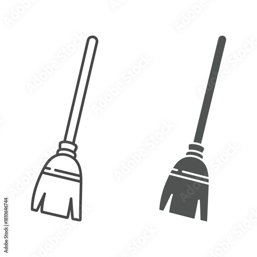 Simple illustration of two household brooms, one outline and one filled style