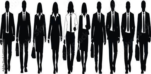 Diverse Group of Business People Silhouettes Walking Forward with Briefcases, Corporate Staff, Executive Team, Professional Workforce, and Career Success Vector Illustration.