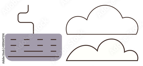 Keyboard with wire linking to two outlined cloud shapes. Ideal for technology, cloud storage, online access, data security, digital connectivity, remote work, innovation. Simple flat metaphor