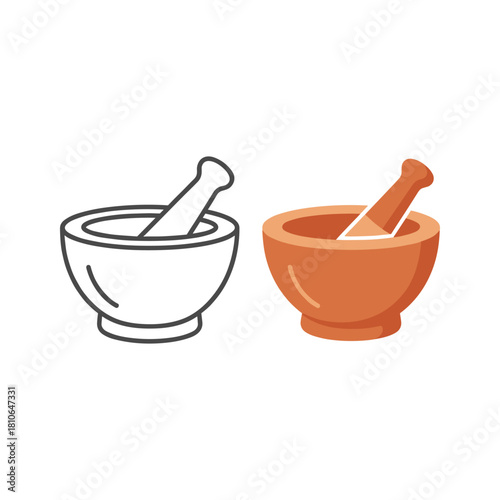Mortar and pestle outline and colored illustration for pharmacy or cooking