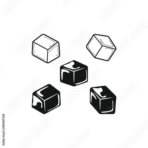 Vector illustration featuring five ice cubes in a mix of black outline and solid silhouette. Perfect graphic element for beverages, chilled drinks, and cocktail designs