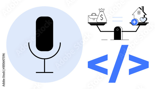 Voice recognition. Visuals of a microphone symbol, a financial balance scale, and coding symbols voice recognition and its connection to technology, money management, and innovative solutions. For AI