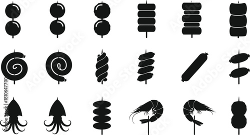 Grilled barbecue food skewer icon set, meat sausage seafood shrimp squid silhouette collection, BBQ grill menu vector illustration for restaurant and street food branding