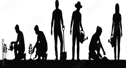 Silhouettes of People Gardening and Planting Seedlings, Engaging in Agricultural Work, Watering Plants, Digging Soil, Nature Conservation, and Green Environment Vector.
