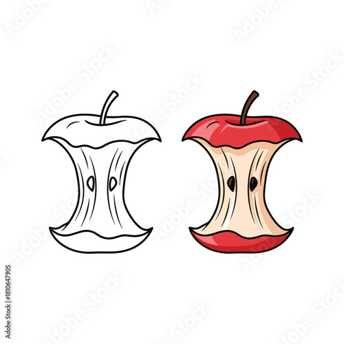 Apple core outline and color vector illustration isolated on