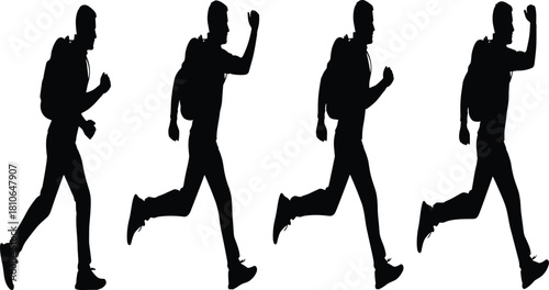 Four Silhouettes of a Male Hiker Running Quickly with a Backpack, Representing Adventure, Urgency, Outdoor Travel, Speed, and Active Lifestyle Vector Illustration.