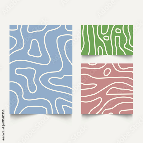 Twisted lines, fluid, curved, wiggling stripes, waves  backgrounds set. Liquid, chaotic retro ornaments, groovy hippie patterns collection. Doodle, uneven hand drawn wavy, organic winding lines