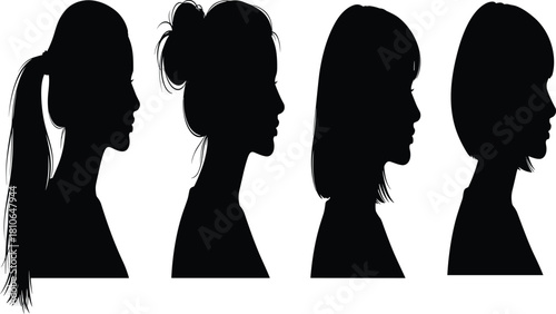 Set of Four Female Head Silhouettes Showing Different Hairstyles, Including Ponytail, Bun, and Bob Cut, Profile View Vector Illustration, Beauty and Hair Salon Concept.