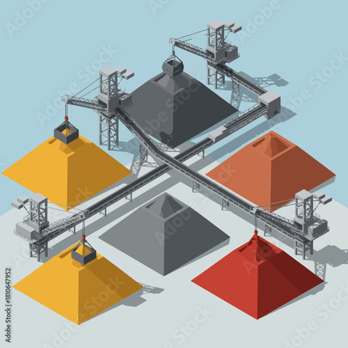 Isometric Industrial Conveyor Belt System with Material Piles.