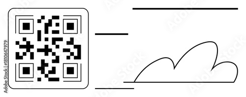 QR code connected by lines to a minimal cloud, representing digital data, networking, and technology. Ideal for communication, innovation, cloud computing, connection, analysis data sharing simple