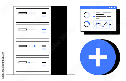 Data management concept. Data server and analytics dashboard reflect efficient data processing and storage solutions. Data adds value in operations and cloud-based systems. Ideal for IT, analytics