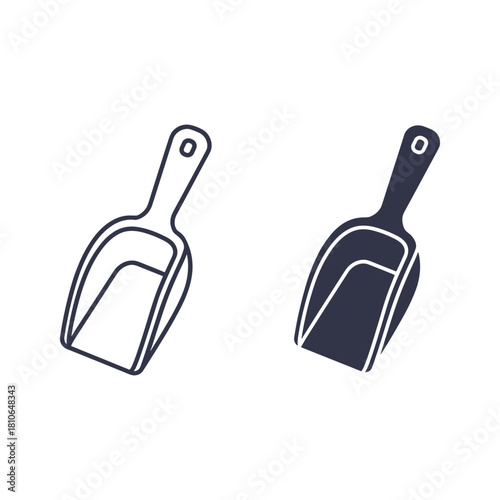 Scoop tool, kitchen utensil or measuring device, outline and filled icon set