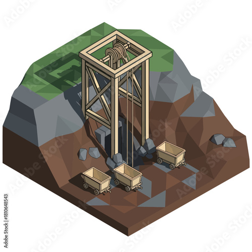 Isometric Mine Shaft with Carts Illustration.