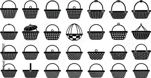Picnic Basket Icons Collection with Various Wicker Designs, Traditional Market Baskets, Food Carry Container Symbols, Handcrafted Storage Vector Illustration Set