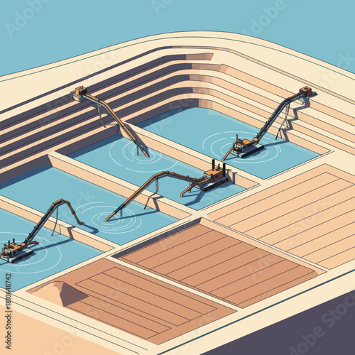 Industrial water treatment plant with multiple robotic arms cleaning the water.