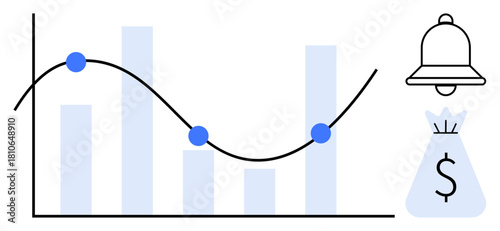 Graph showing financial data with trend line and points on bar chart next to bell notification and money bag. Ideal for investing, analytics, data monitoring, performance tracking, stock market