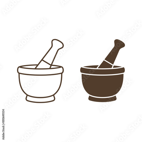 Outline and filled mortar and pestle icon set, pharmacy and medicine tool