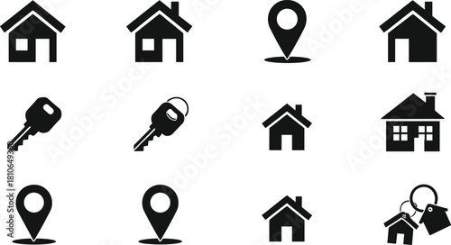Real estate house icon set, home location pin and property key symbols, black silhouette vector illustration for realtor business, mortgage, rental and housing services