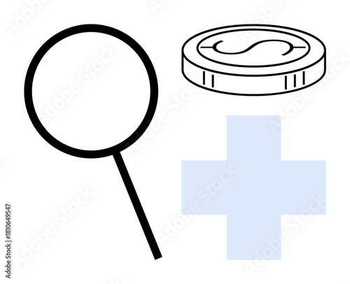 Magnifying glass, dollar coin, and blue plus sign emphasize financial analysis, investment, growth, healthcare funding, research, success, and strategy simple flat metaphor